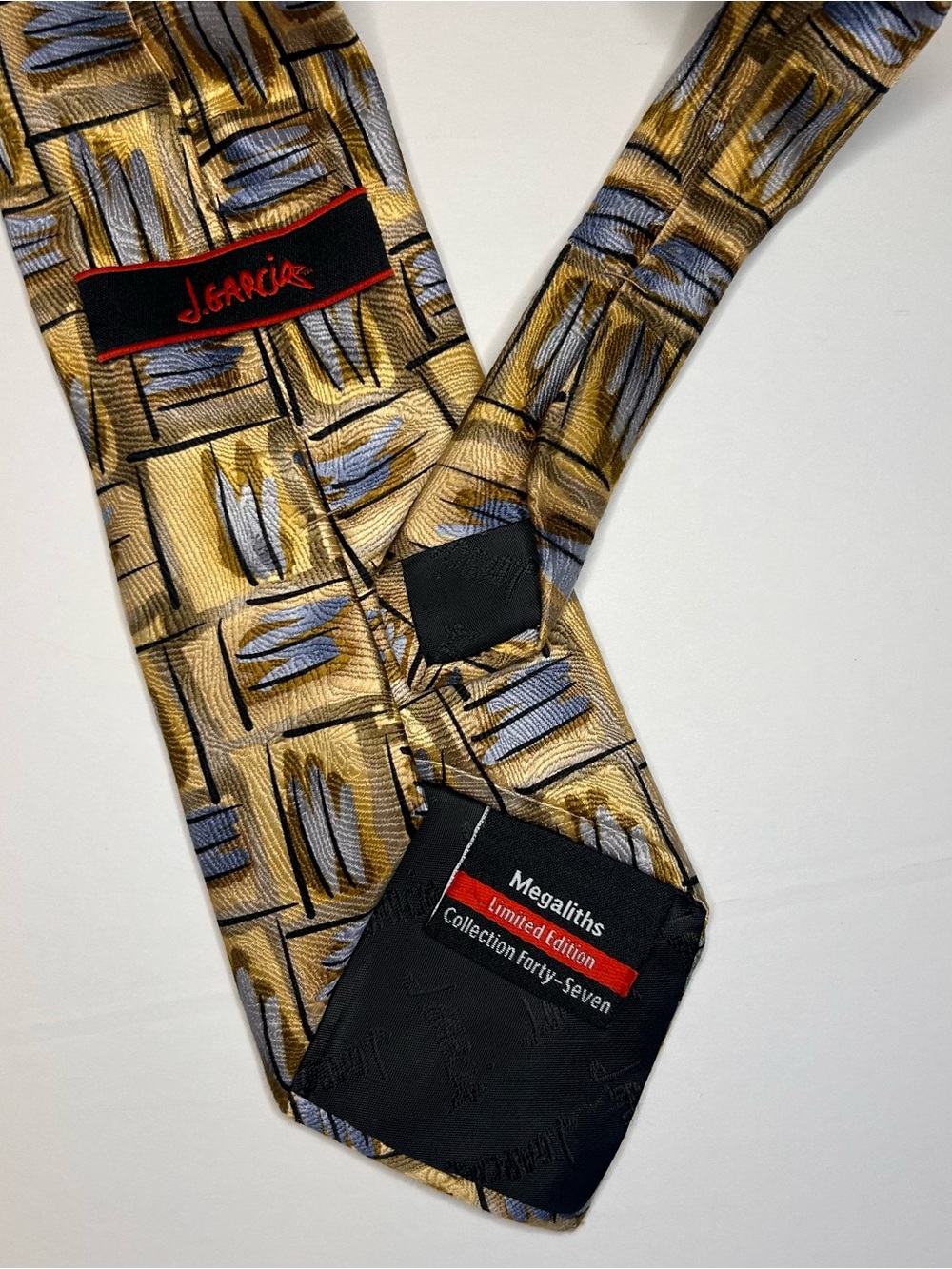 J. Garcia Gold and Gray Patterned Silk Tie